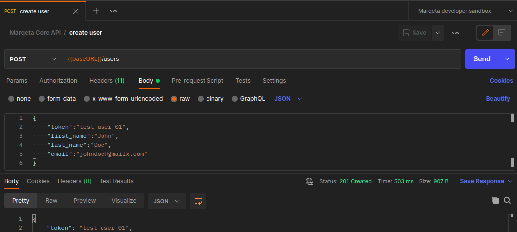 Create user copre API Marqeta