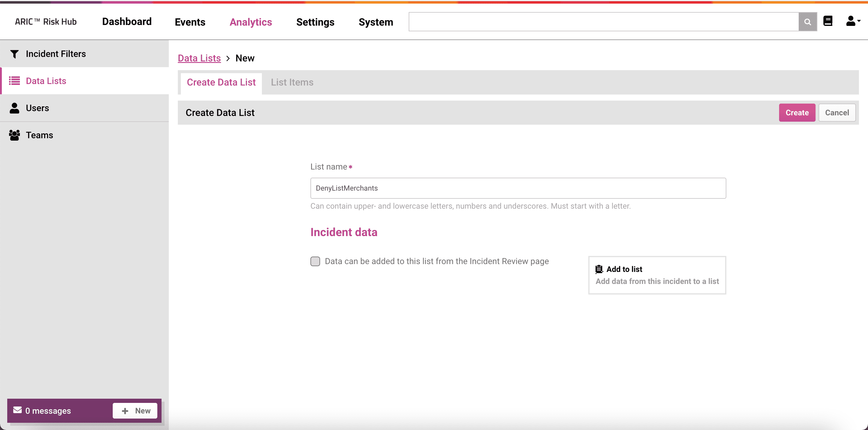 Create data list